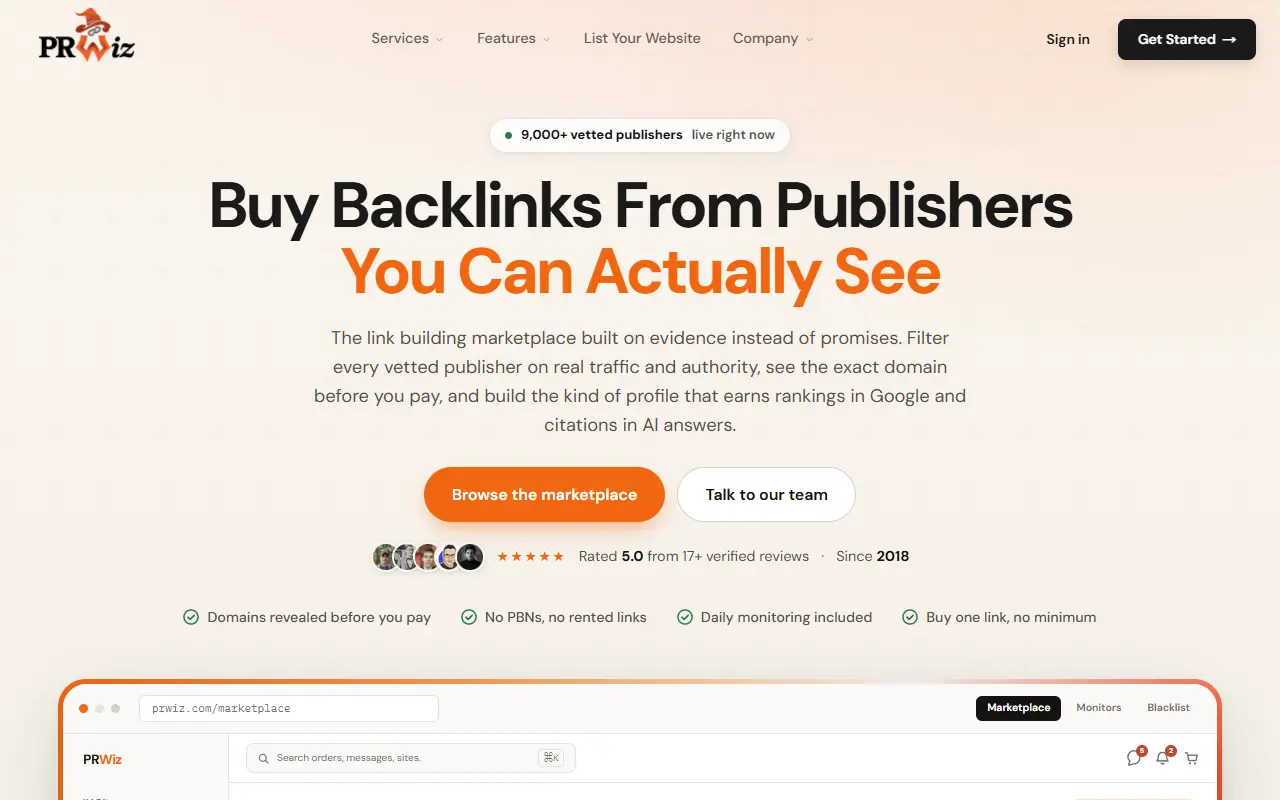 PRWiz homepage with the headline "Buy Backlinks From Publishers You Can Actually See"