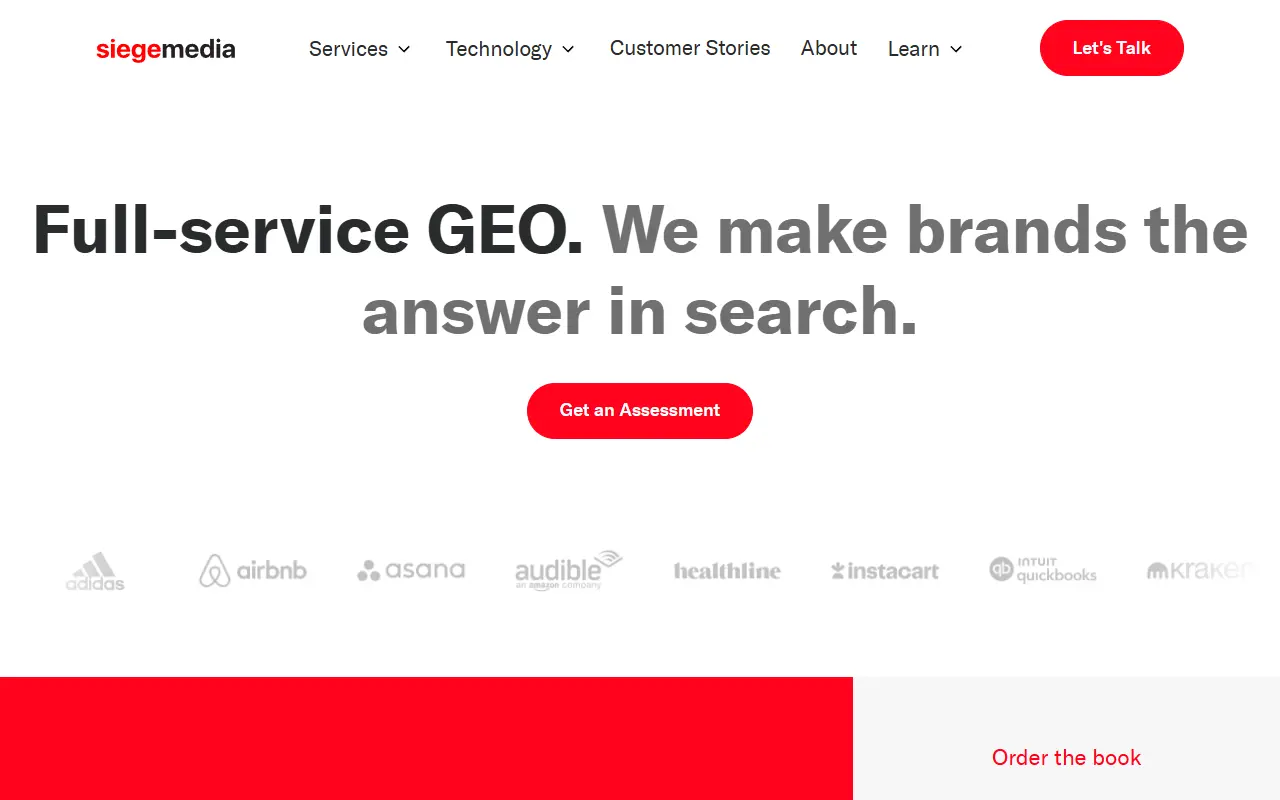 Siege Media homepage with the headline "Full-service GEO. We make brands the answer in search."